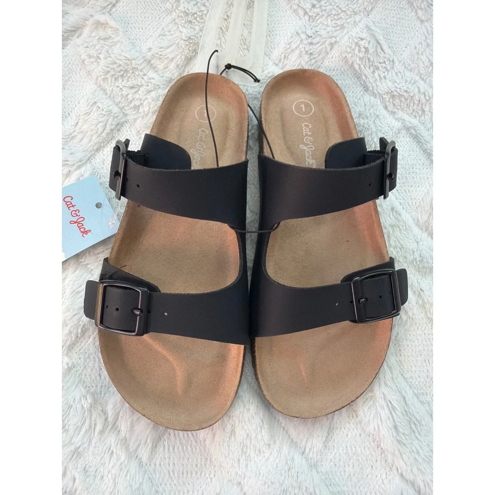 Cat & Jack Youth Drew Double Strap Footbed Sandals Black Size 1 NWT